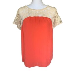 Anthropologie Maeve Penumbra Top Womens Sz Small Coral Lace Neckline Hi Lo Hem